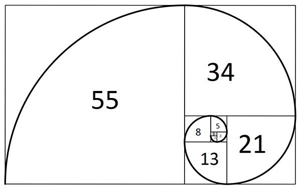 desenho da sequencia de fibonacci dentro de retângulos e com espiral